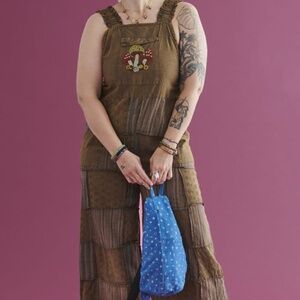 Earthbound Patchwork Jumpsuit Overalls | Mushroom Embroidery | Size XXL | Stretc